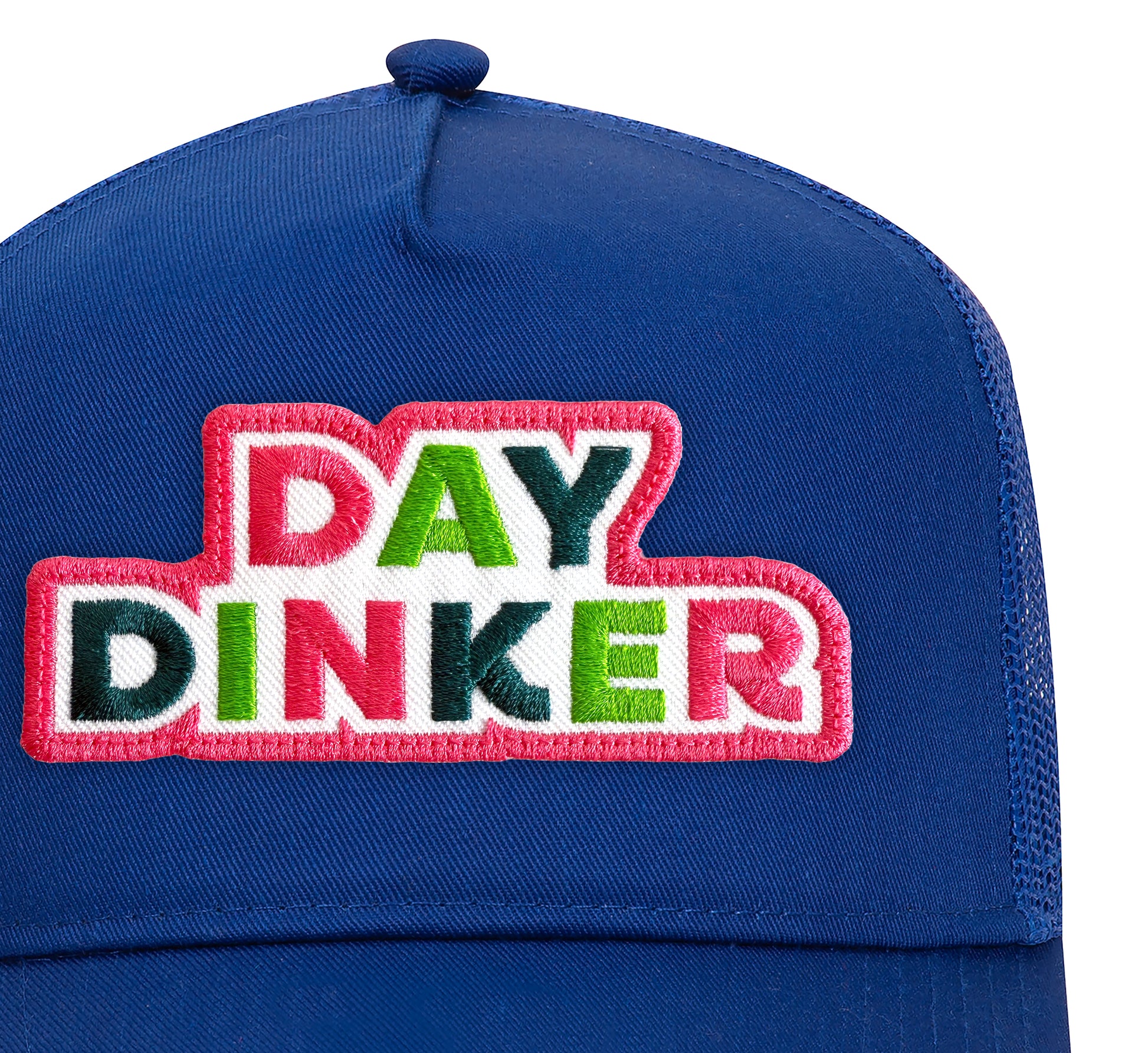 Day Dinker Trucker Hat in Royal Blue close-up patch detail