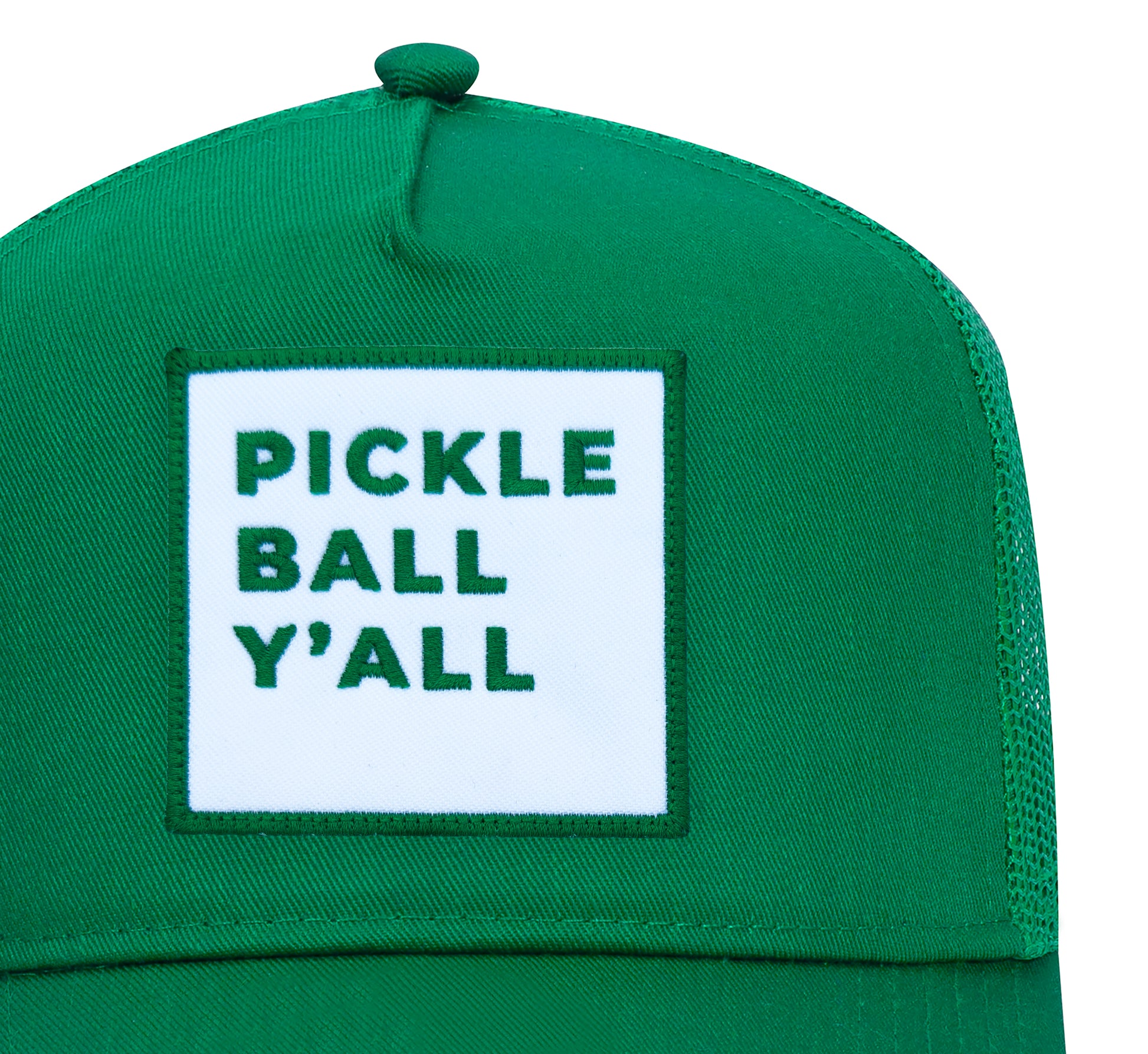 Pickleball Y'all Trucker Hat in Kelly Green close-up patch detail