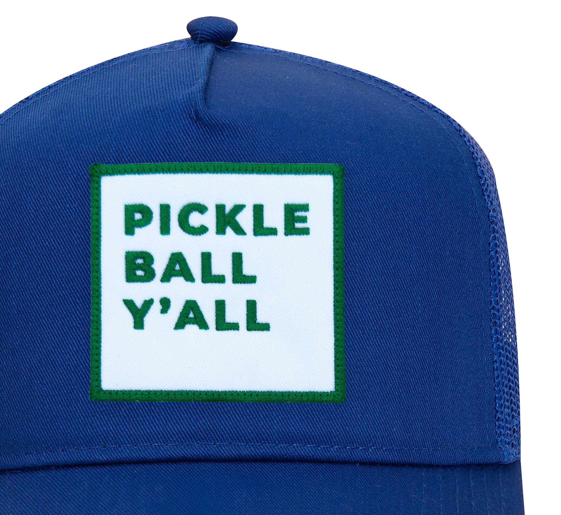 Pickleball Y'all Trucker Hat in Royal Blue close-up patch detail