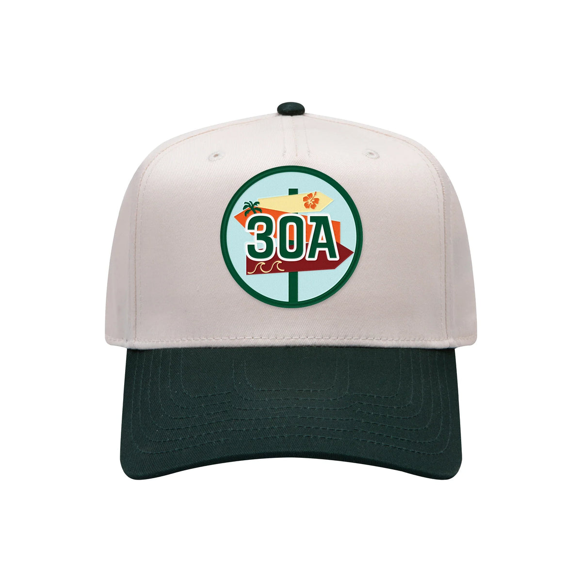 30A embroidered patch on a natural and dark green mid-profile baseball hat