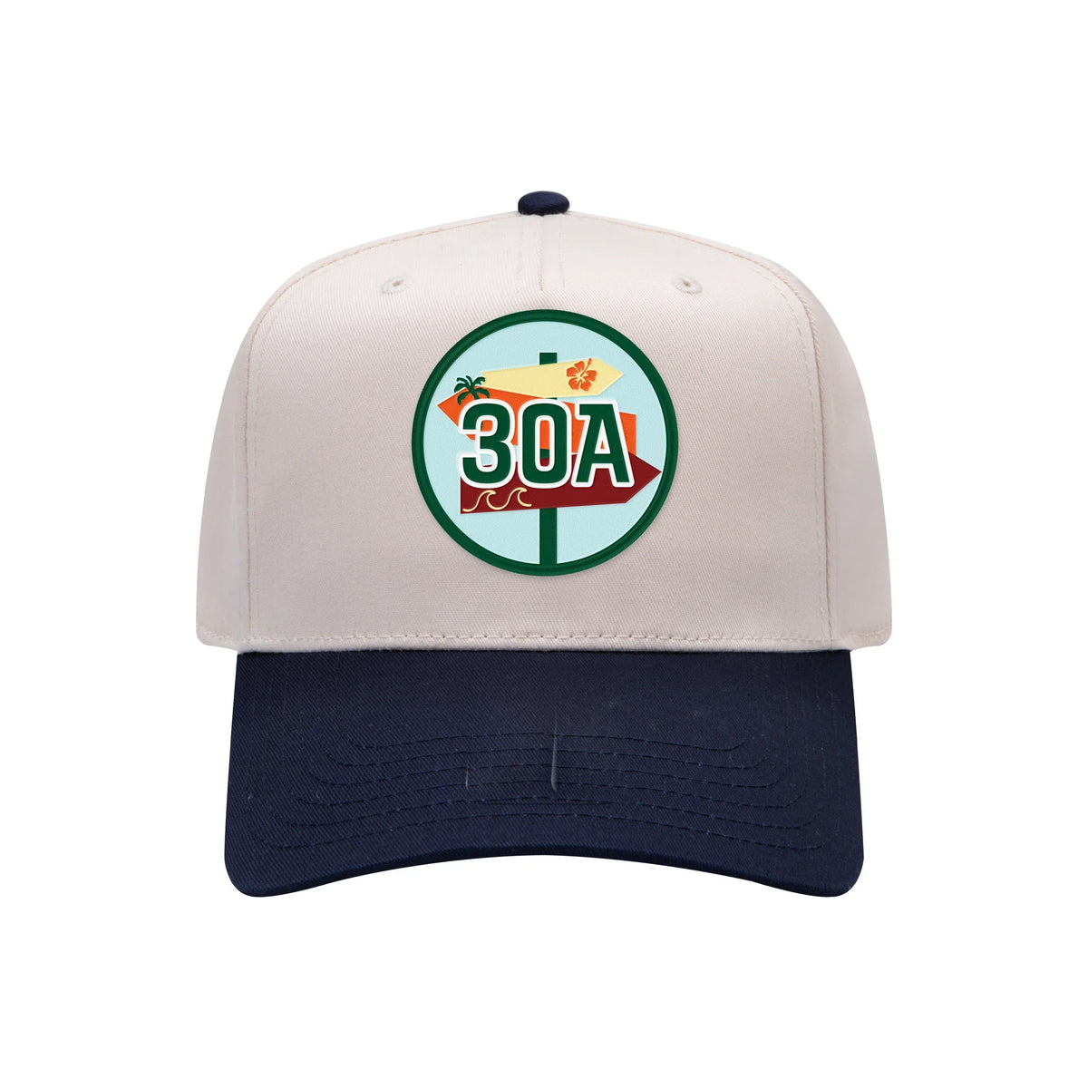 30A embroidered patch on a natural and navy mid-profile baseball hat