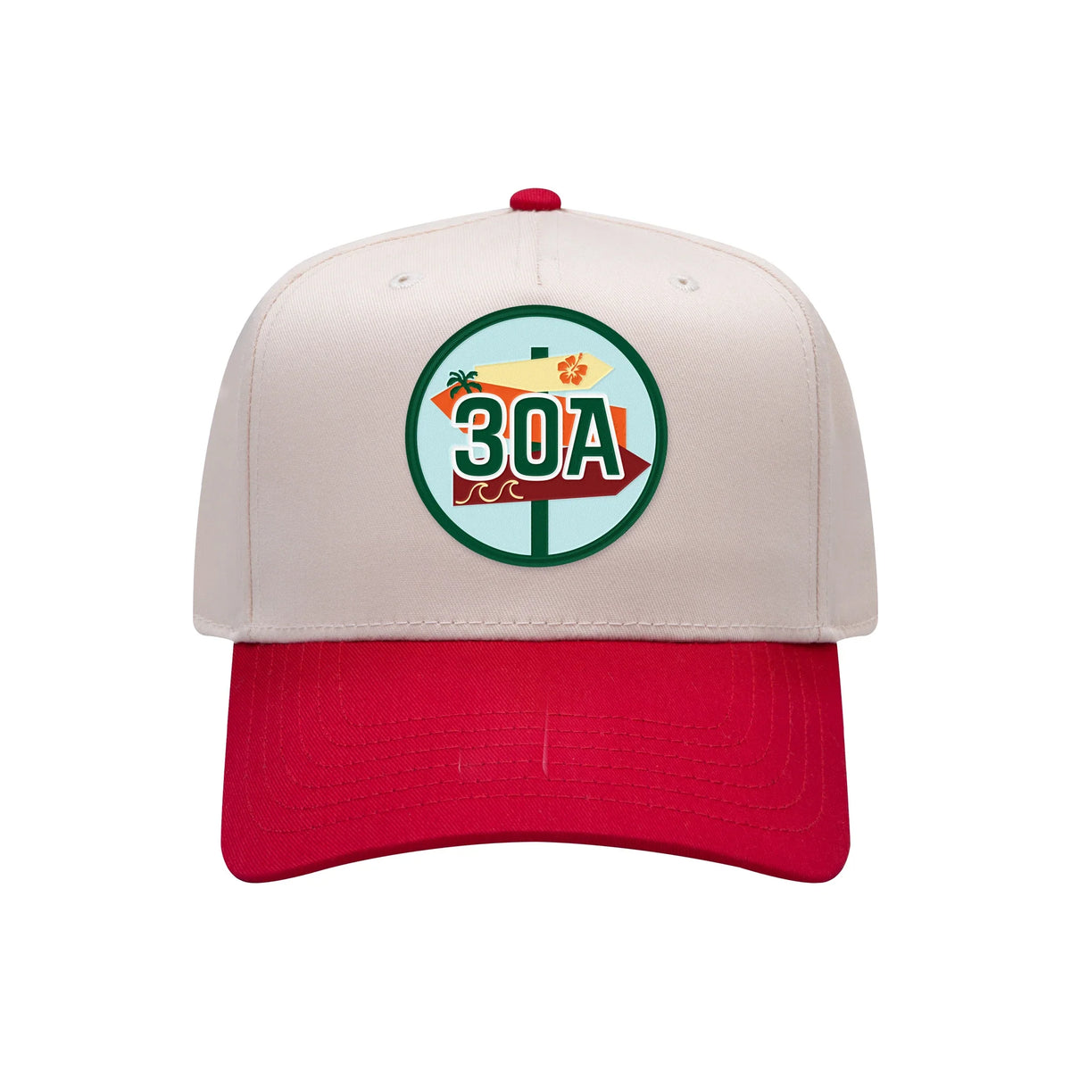 30A embroidered patch on a natural and red mid-profile baseball hat