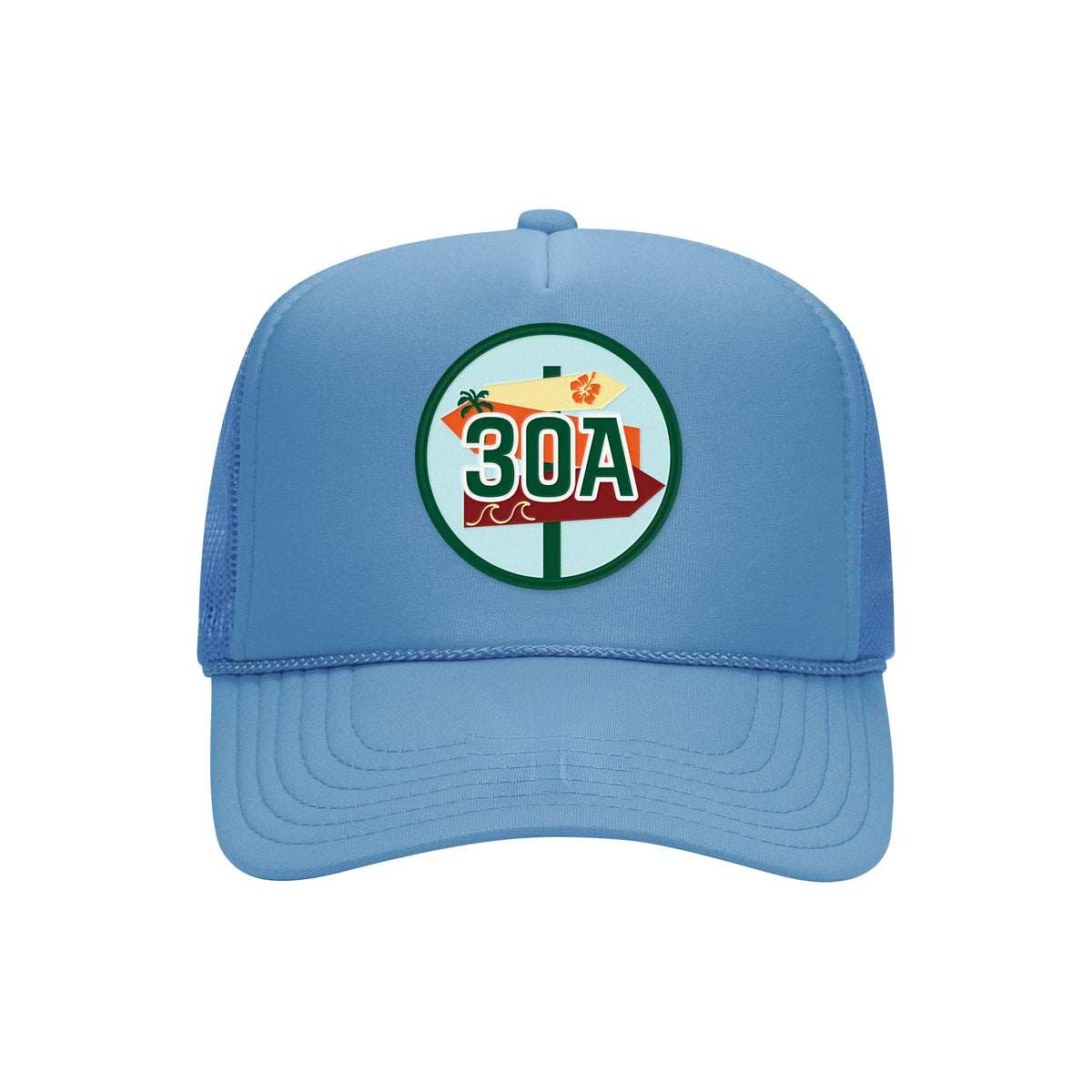 30A embroidered patch on a cobalt blue high-profile foam trucker hat