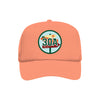 30A embroidered patch on a coral high-profile foam trucker hat