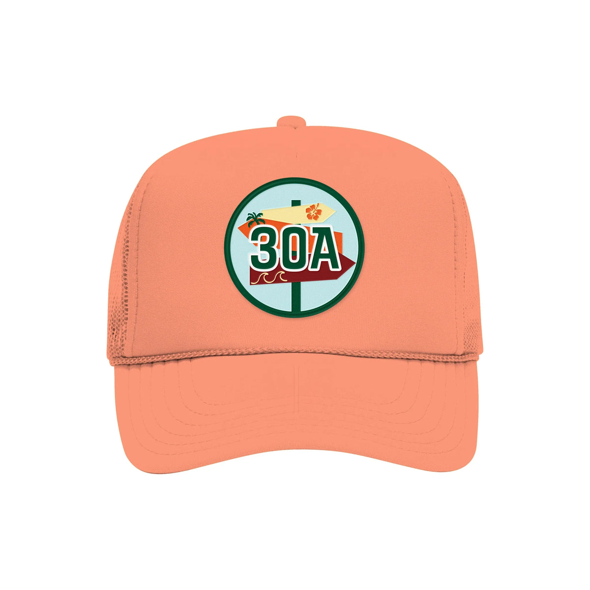 30A embroidered patch on a coral high-profile foam trucker hat