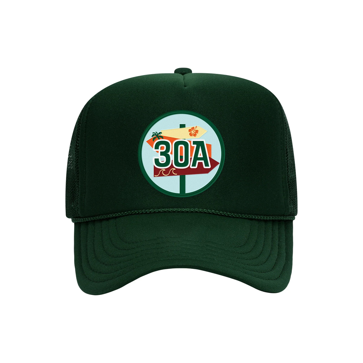 30A embroidered patch on a dark green high-profile foam trucker hat