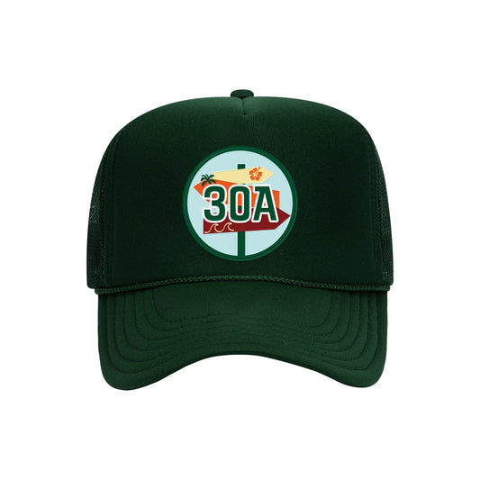 30A embroidered patch on a dark green high-profile foam trucker hat