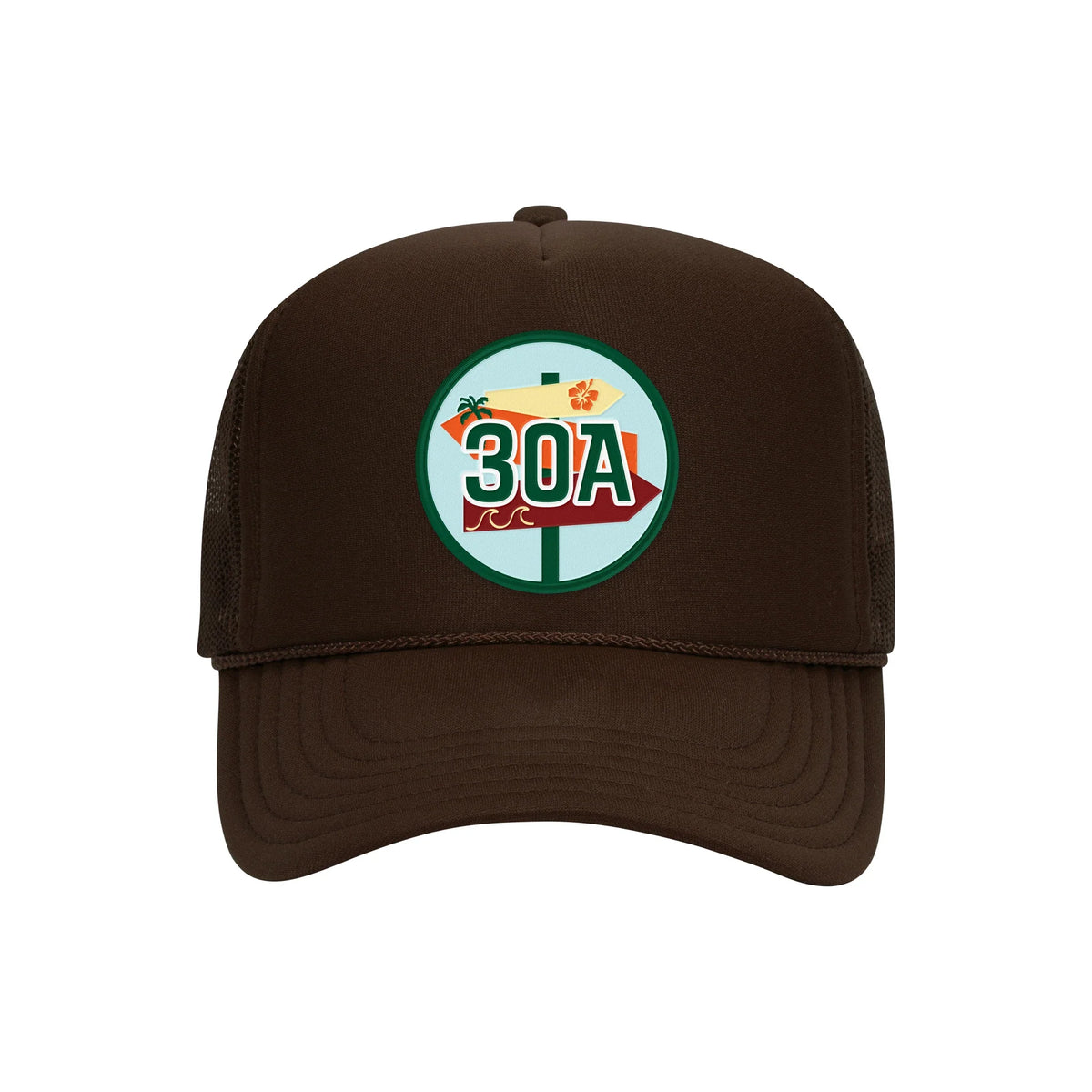 30A embroidered patch on an espresso brown high-profile foam trucker hat