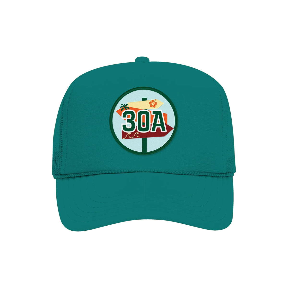 30A embroidered patch on a jade high-profile foam trucker hat