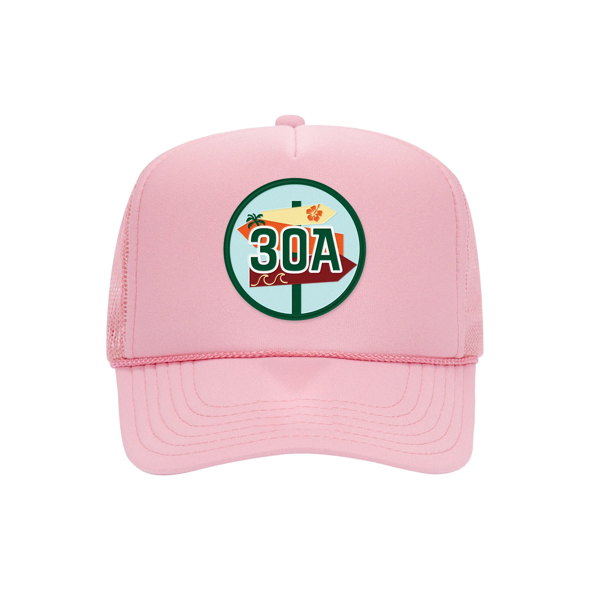 30A embroidered patch on a soft pink high-profile foam trucker hat