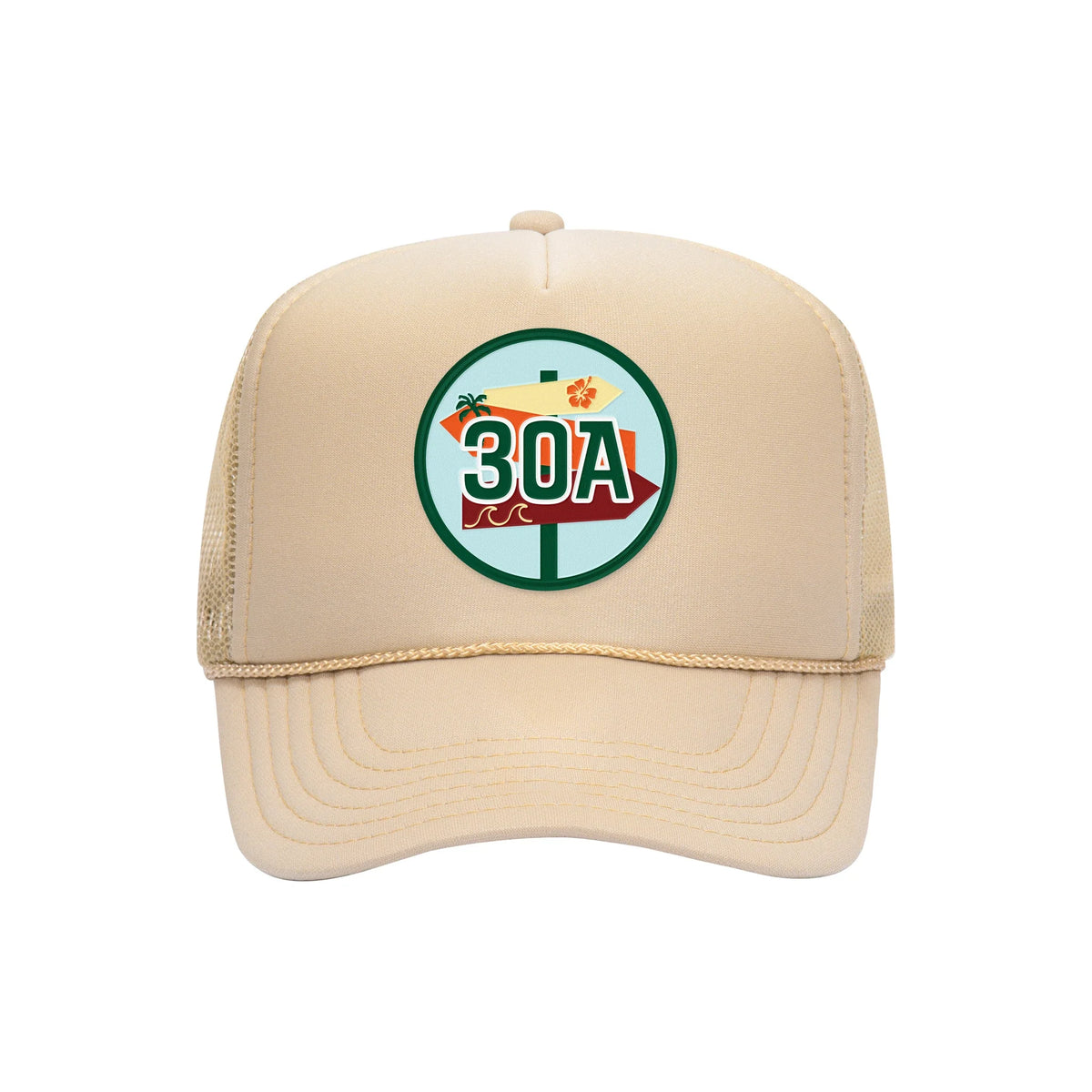 30A embroidered patch on a tan high-profile foam trucker hat