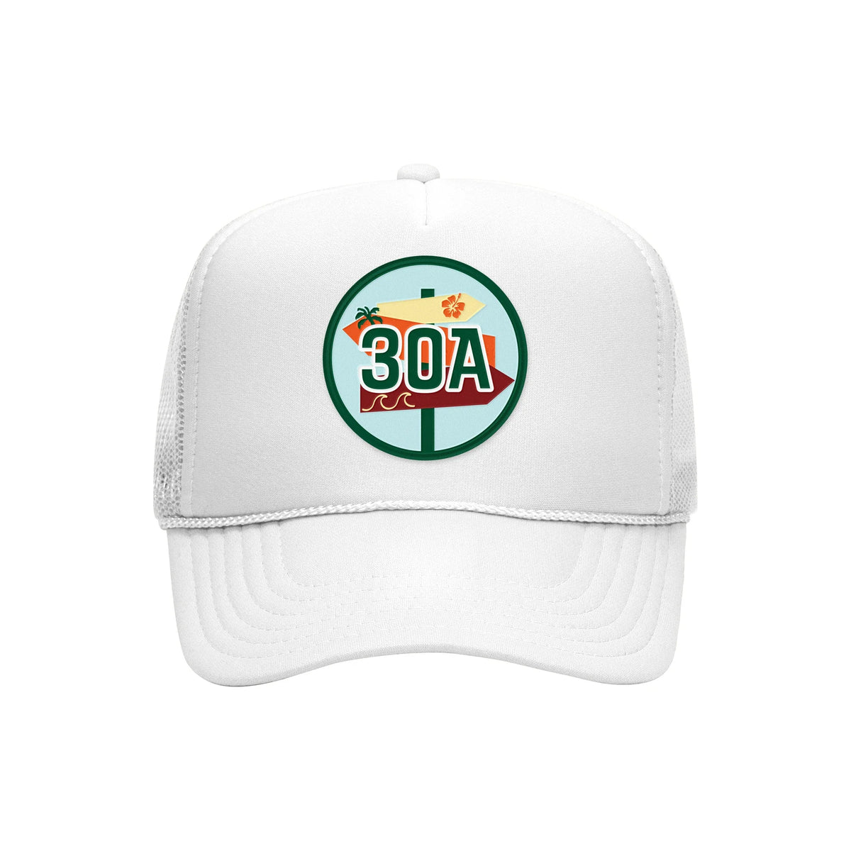 30A embroidered patch on a white high-profile foam trucker hat