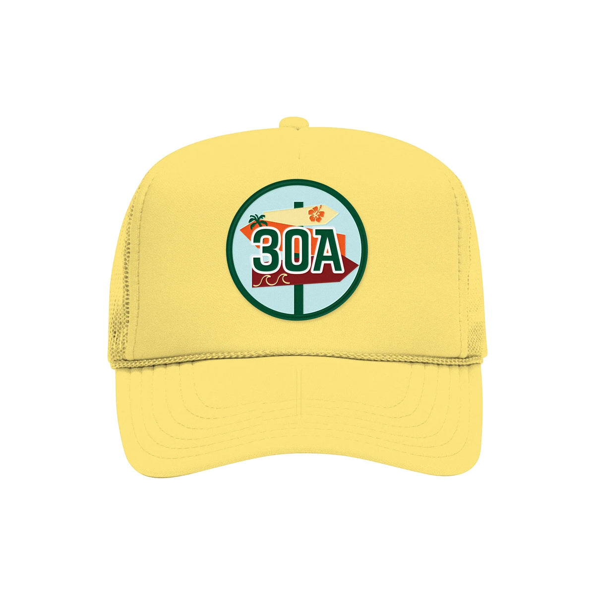 30A embroidered patch on a yellow high-profile foam trucker hat