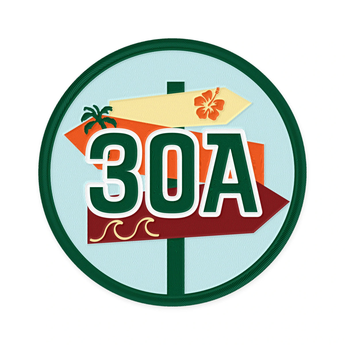 30A embroidered iron-on patch, a round beach road sign design in dark green, aqua, orange and maroon on a plain white background
