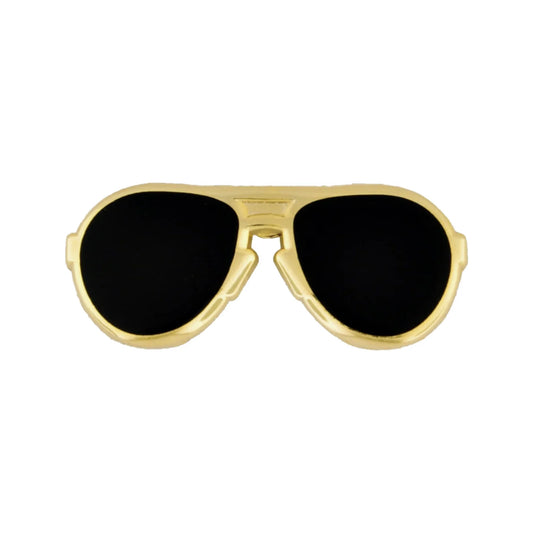Aviator sunglasses enamel hat pin with a gold frame and black lenses on a plain white background