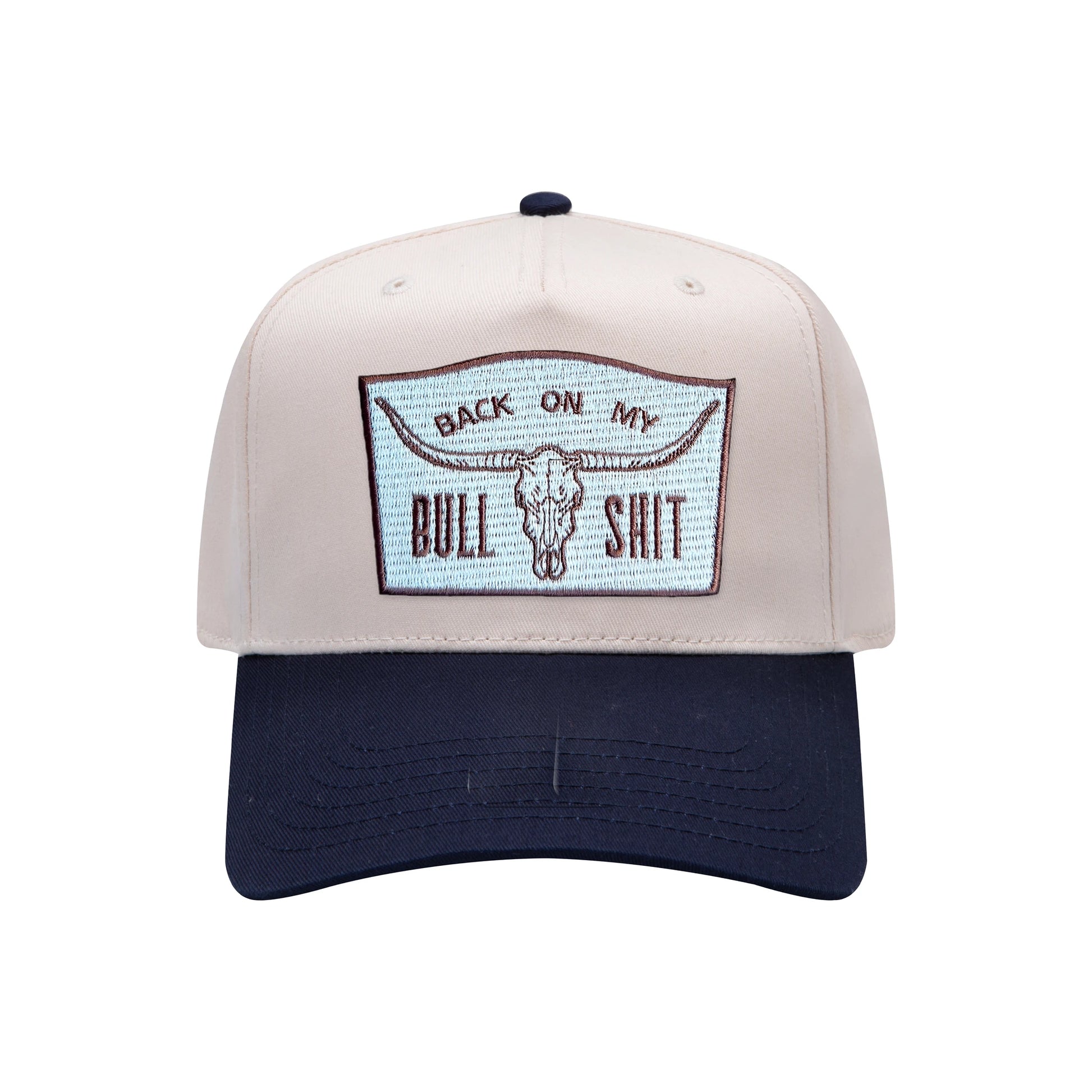 Back On My Bullshit mid-profile baseball cap in natural and navy, front view