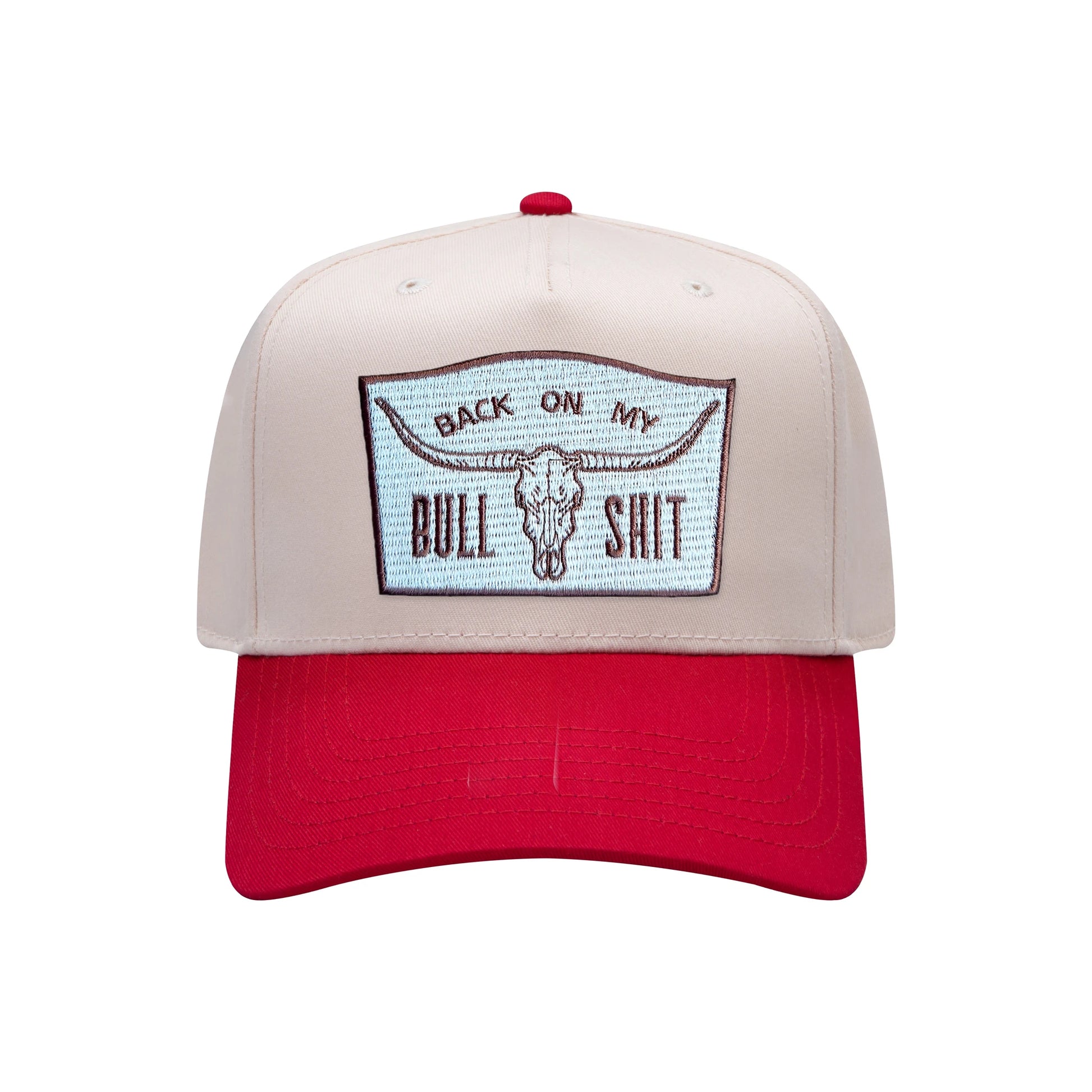 Back On My Bullshit mid-profile baseball cap in natural and red, front view