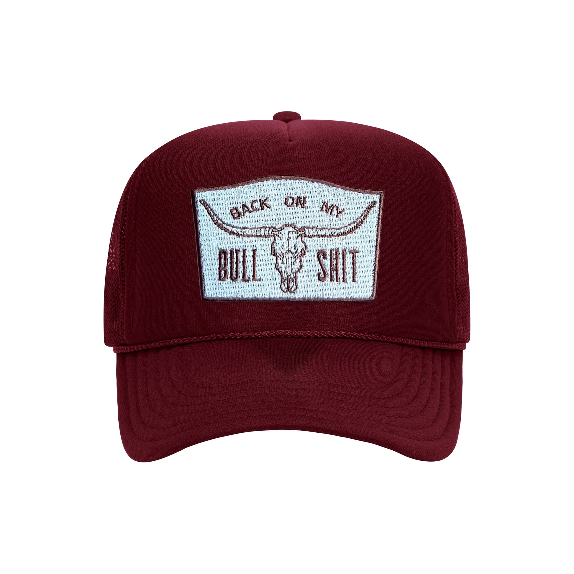 Back On My Bullshit trucker hat in burgundy high-profile foam, front view