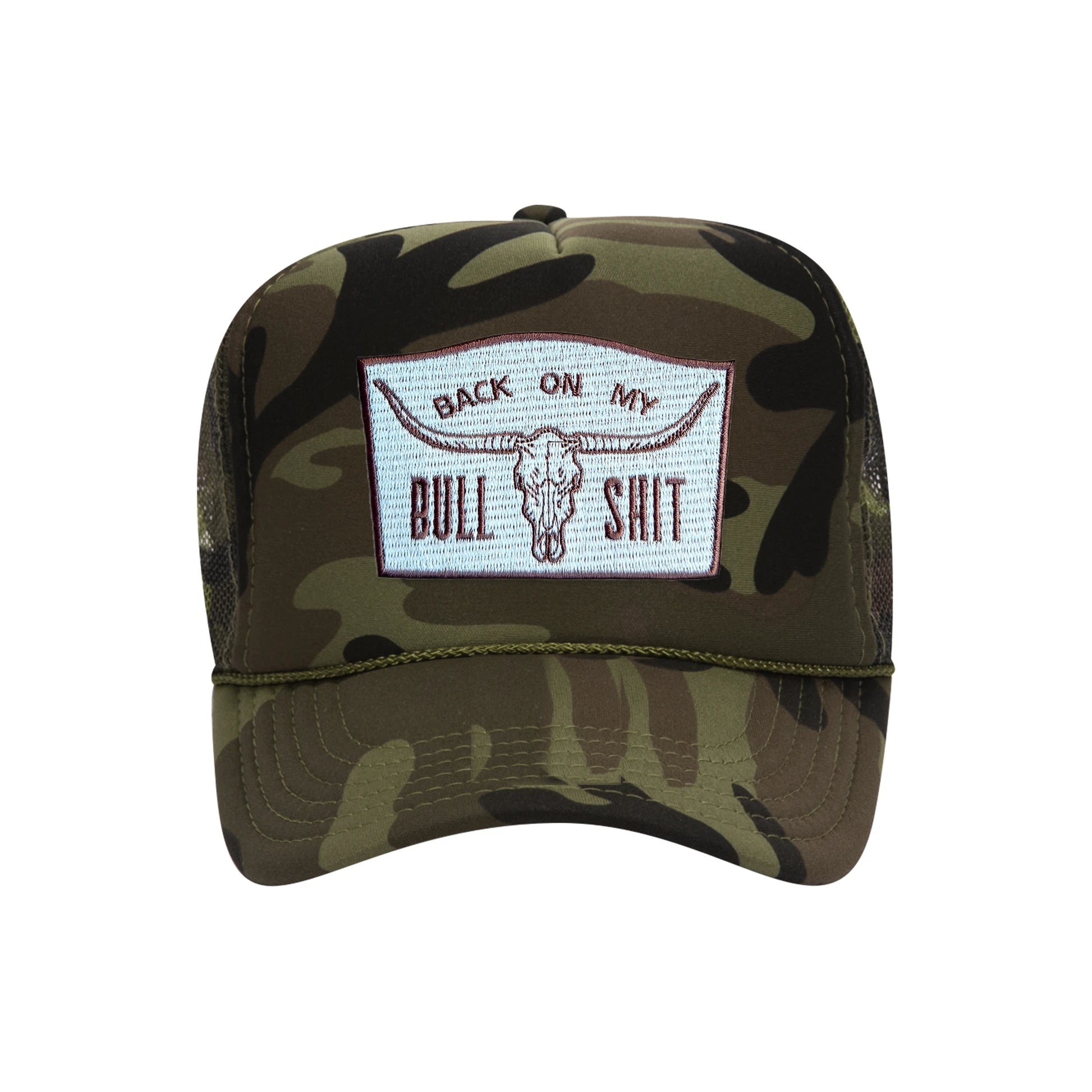 Back On My Bullshit trucker hat in camouflage high-profile foam, front view