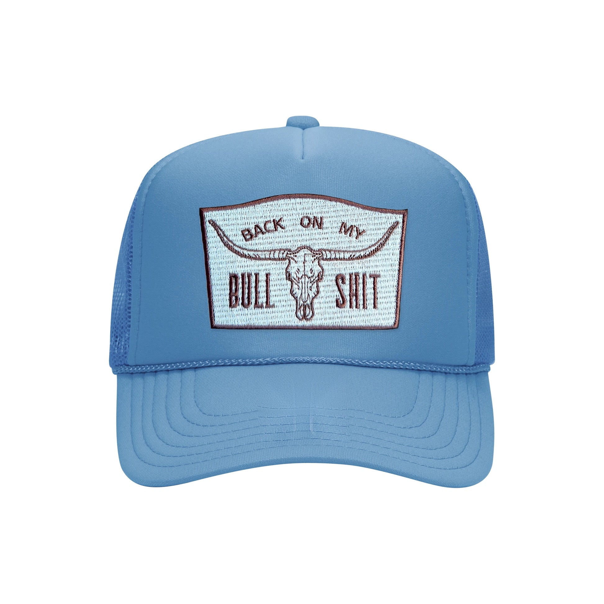 Back On My Bullshit trucker hat in cobalt blue high-profile foam, front view