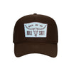Back On My Bullshit trucker hat in espresso brown high-profile foam, front view