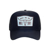 Back On My Bullshit trucker hat in navy high-profile foam, front view