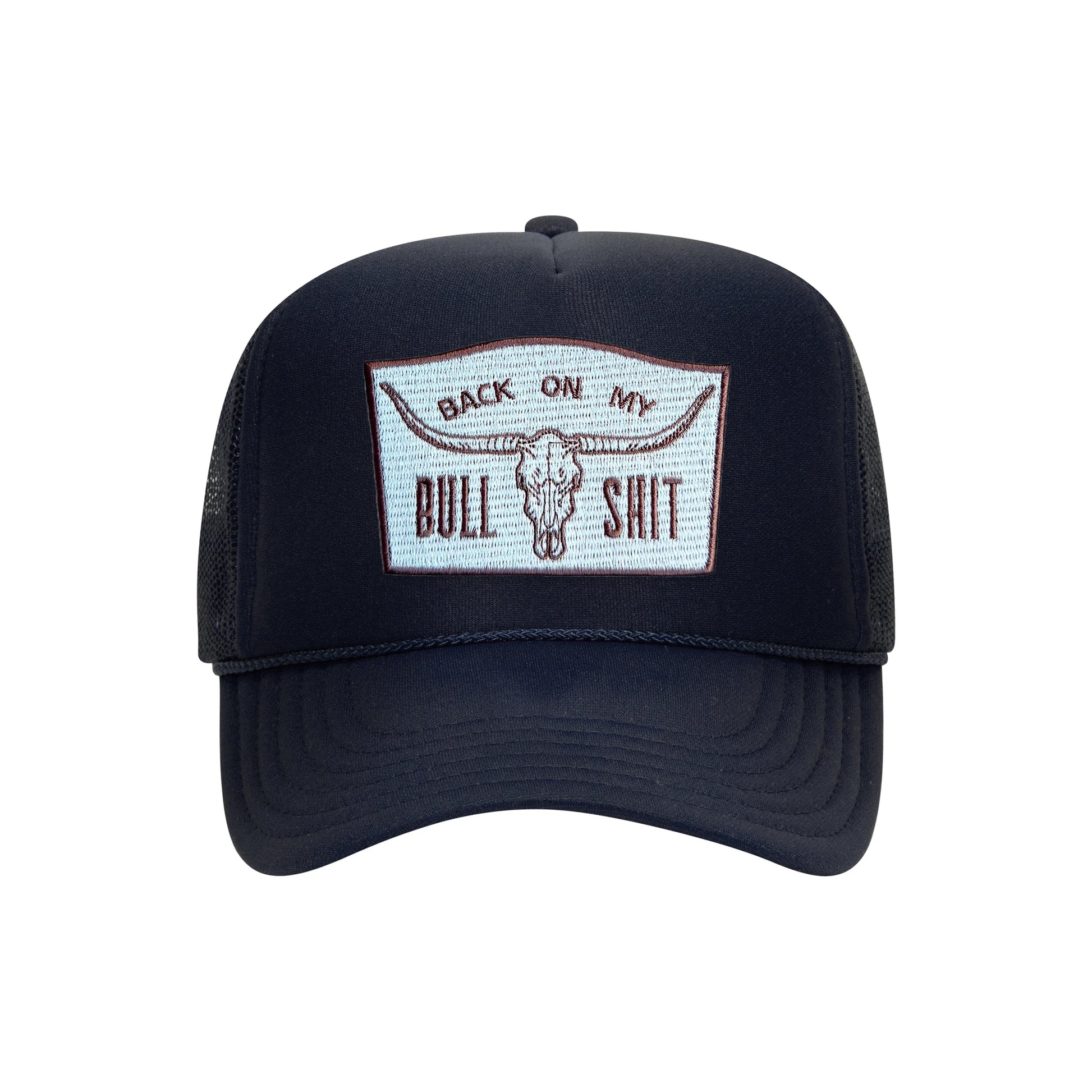 Back On My Bullshit trucker hat in navy high-profile foam, front view