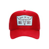 Back On My Bullshit trucker hat in red high-profile foam, front view