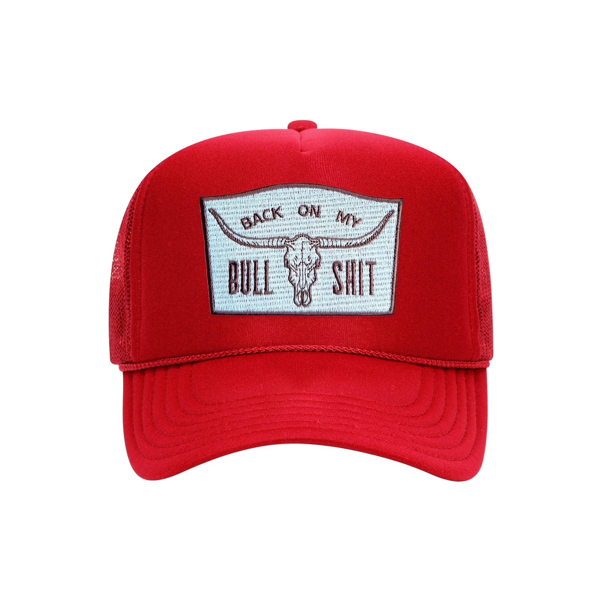 Back On My Bullshit trucker hat in red high-profile foam, front view