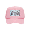 Back On My Bullshit trucker hat in soft pink high-profile foam, front view