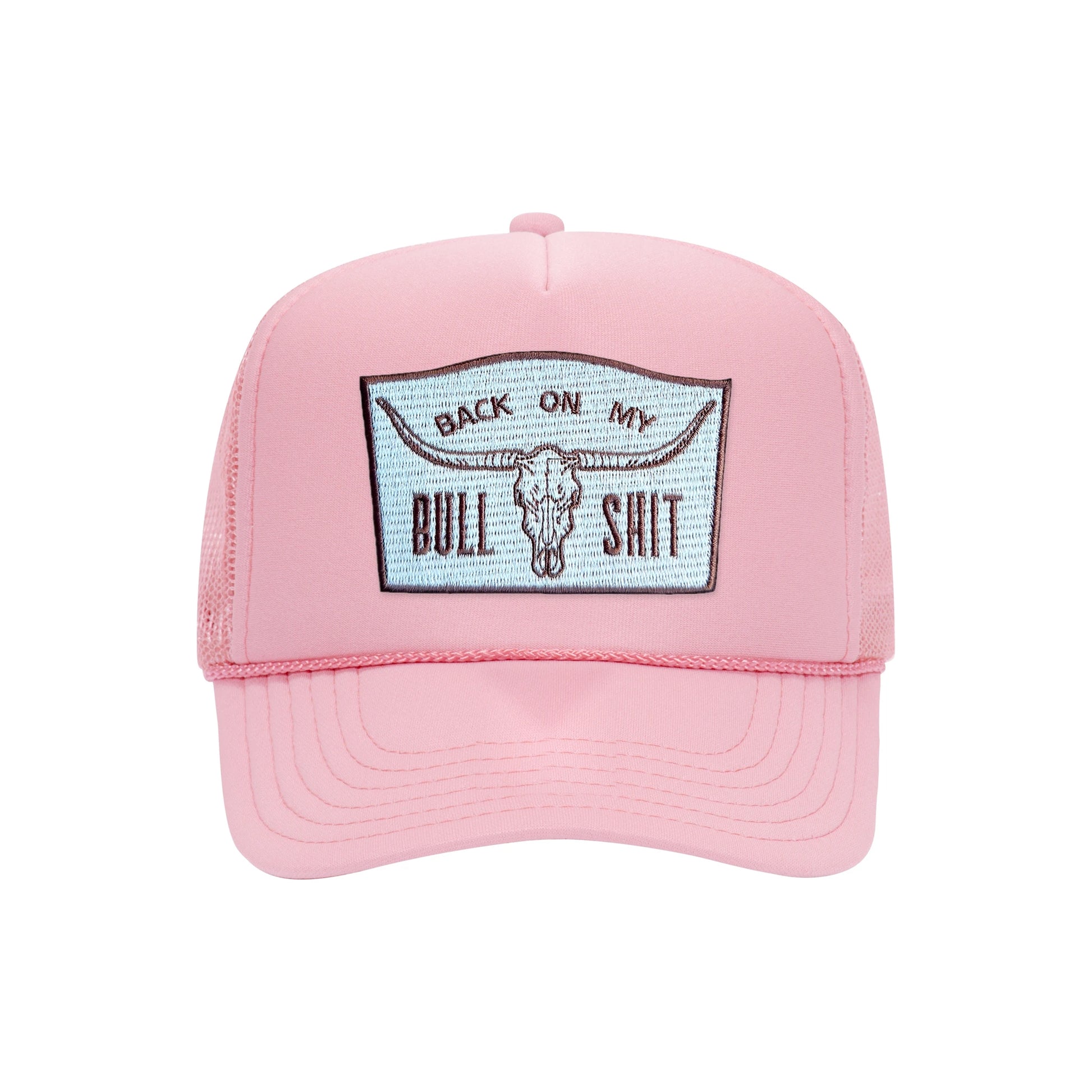 Back On My Bullshit trucker hat in soft pink high-profile foam, front view