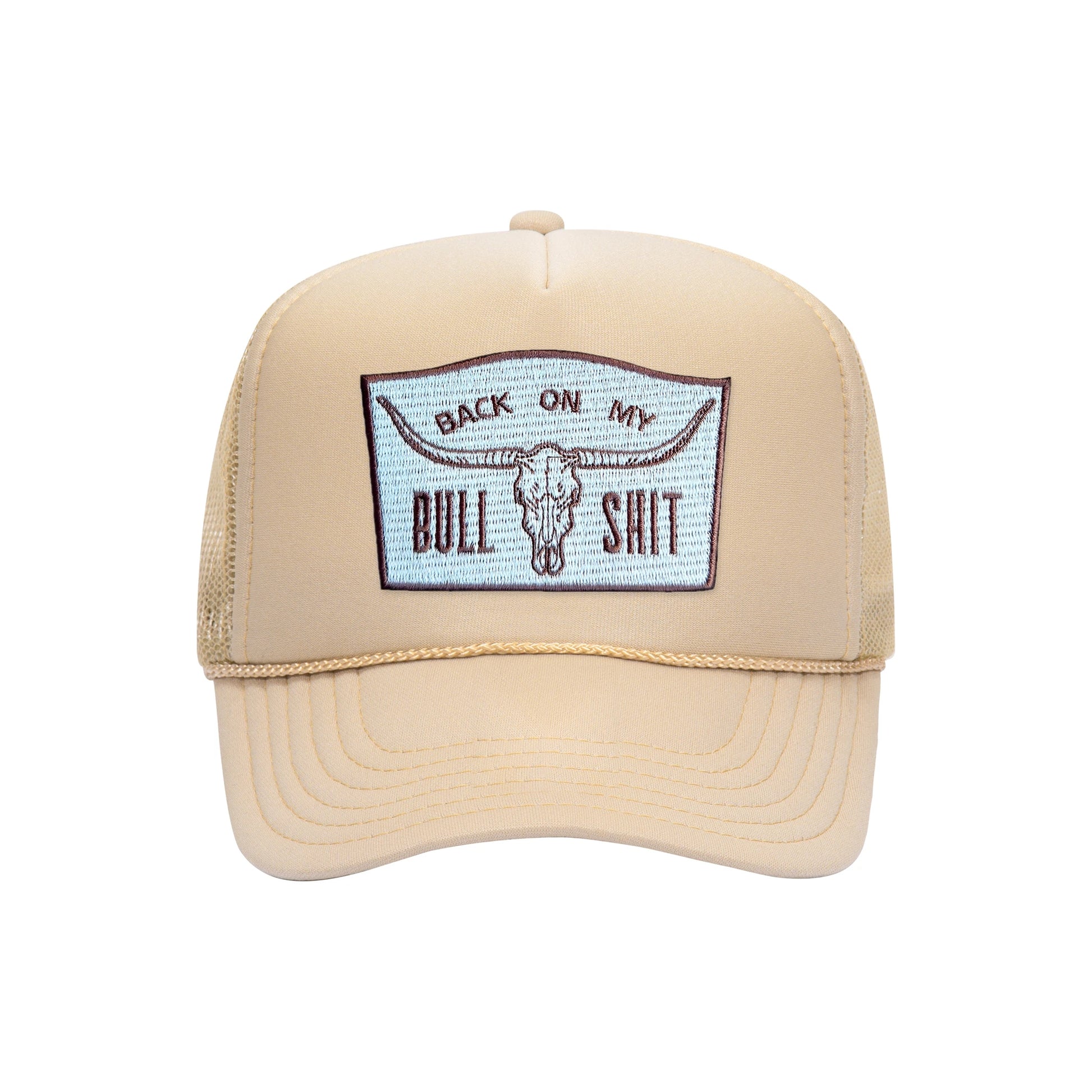 Back On My Bullshit trucker hat in tan high-profile foam, front view