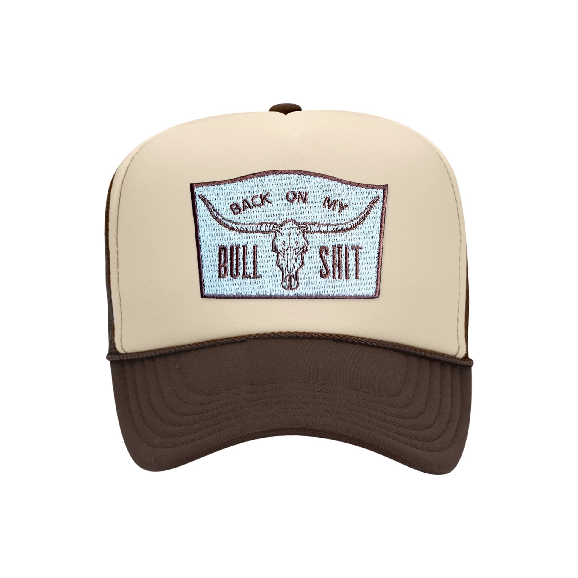 Back On My Bullshit trucker hat in tan and brown high-profile foam, front view