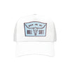 Back On My Bullshit trucker hat in white, front view