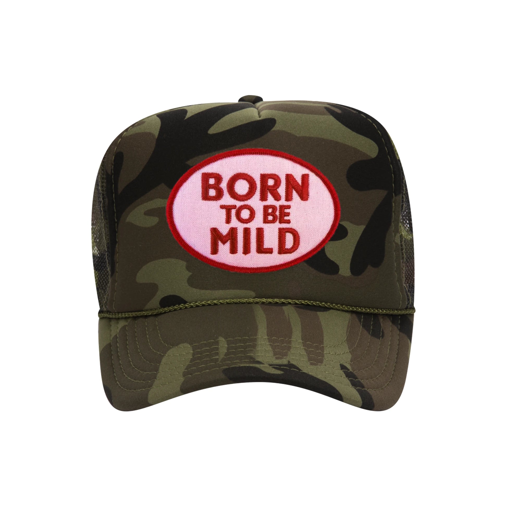 Born To Be Mild trucker hat in camouflage high-profile foam, front view