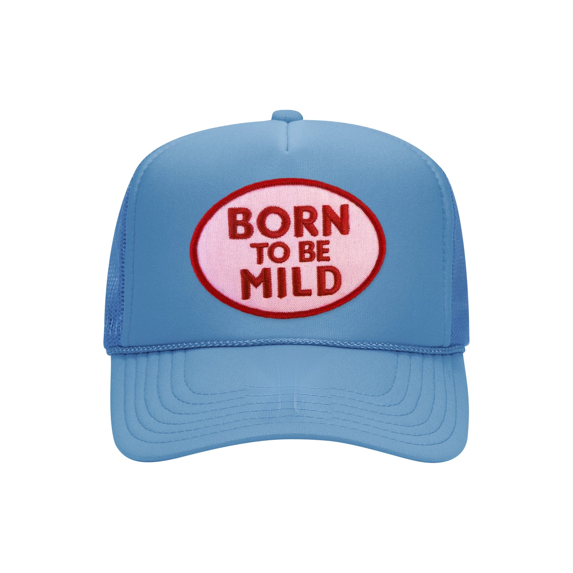 Born To Be Mild trucker hat in cobalt blue high-profile foam, front view