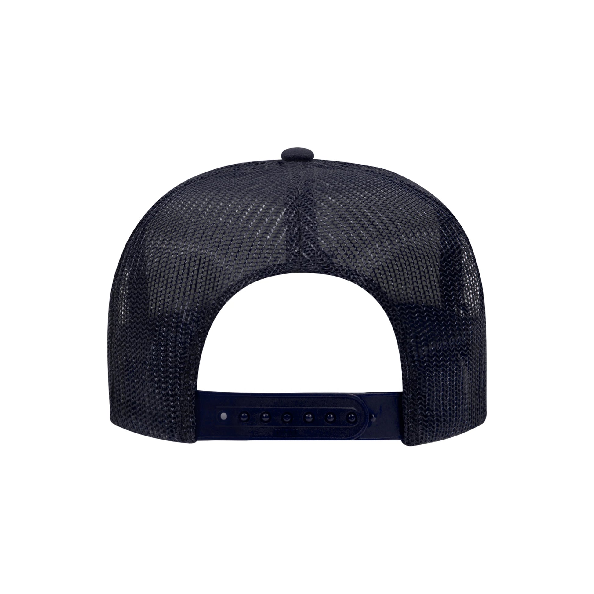 Back view of the Born To Be Mild trucker hat in navy showing mesh back and adjustable snapback closure