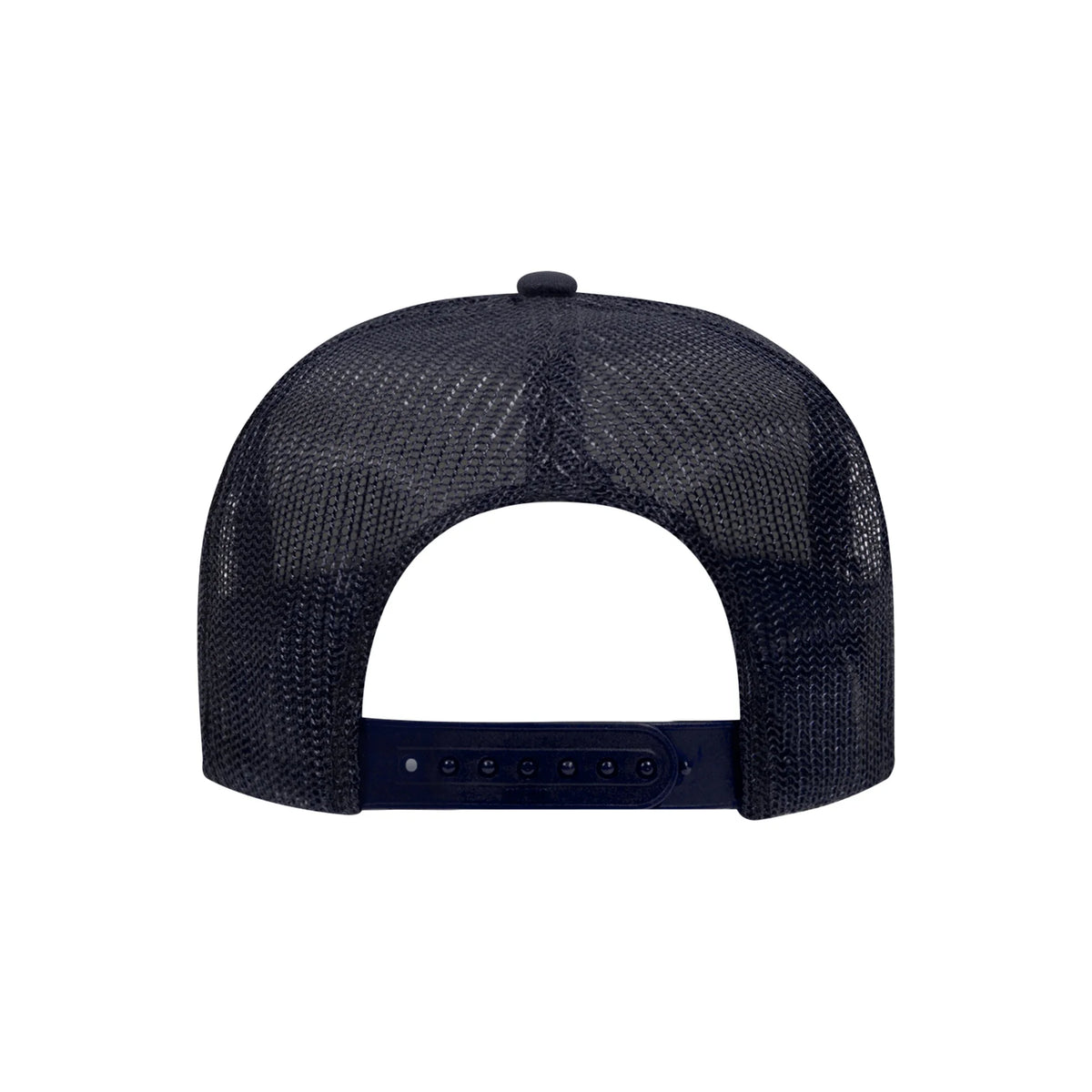 Back view of a navy trucker hat showing the mesh back and adjustable snapback closure