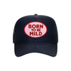 Born To Be Mild trucker hat in navy high-profile foam, front view