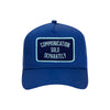 Communication Sold Separately trucker hat in royal blue, front view