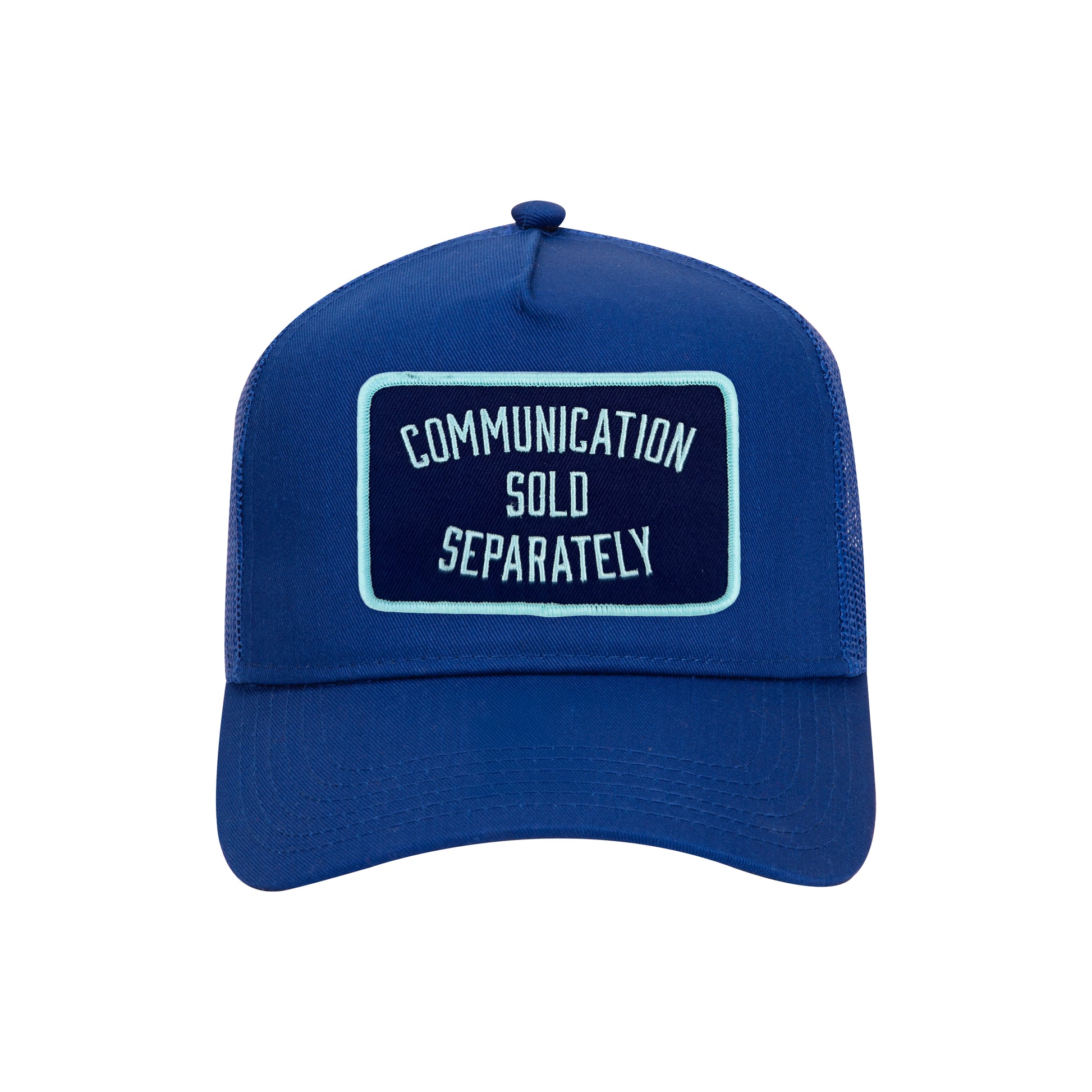 Communication Sold Separately trucker hat in royal blue, front view