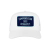Communication Sold Separately trucker hat in white, front view