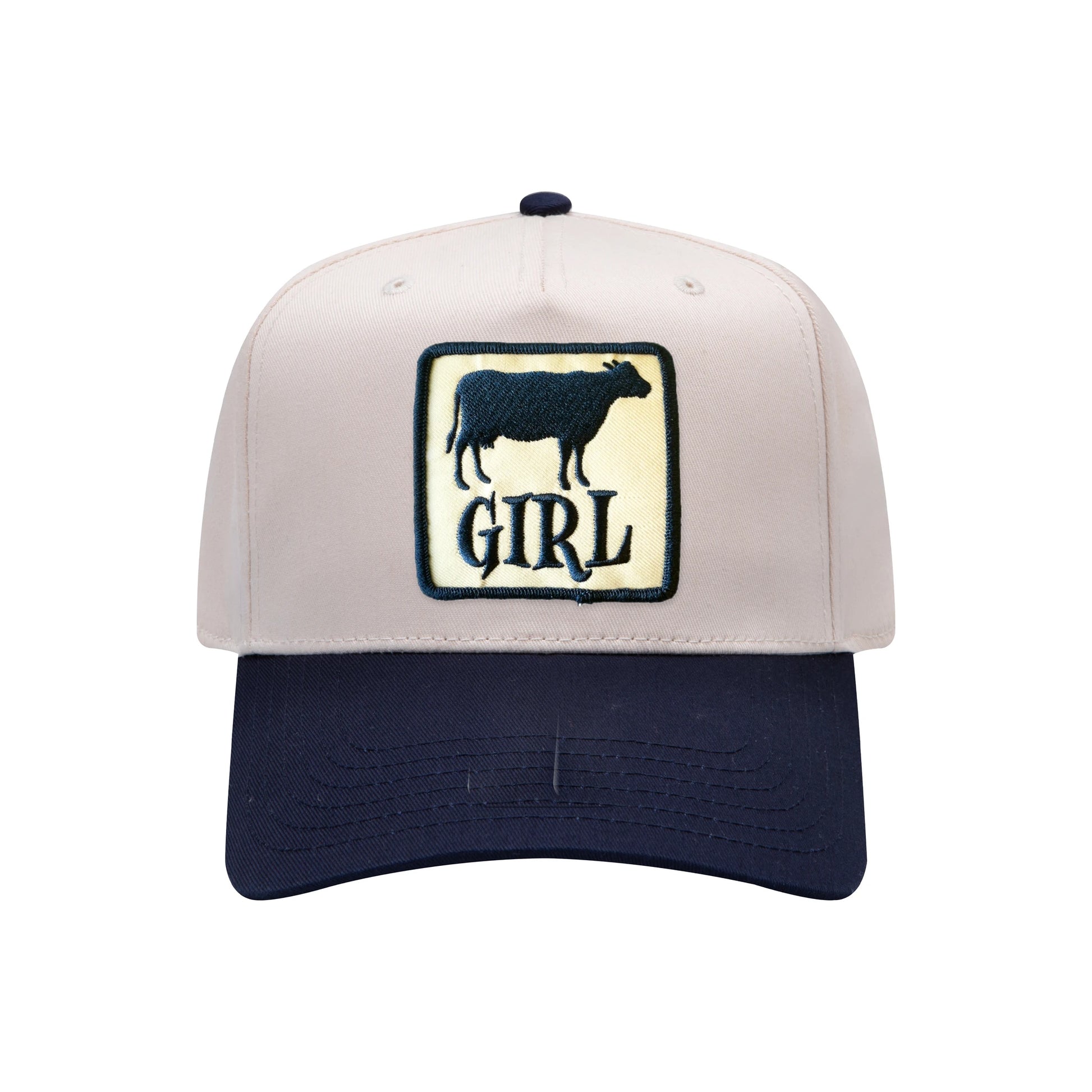 Cow Girl mid-profile baseball hat in natural and navy, front view
