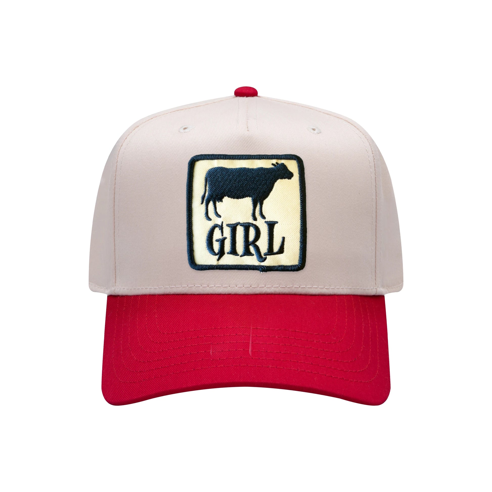 Cow Girl mid-profile baseball hat in natural and red, front view