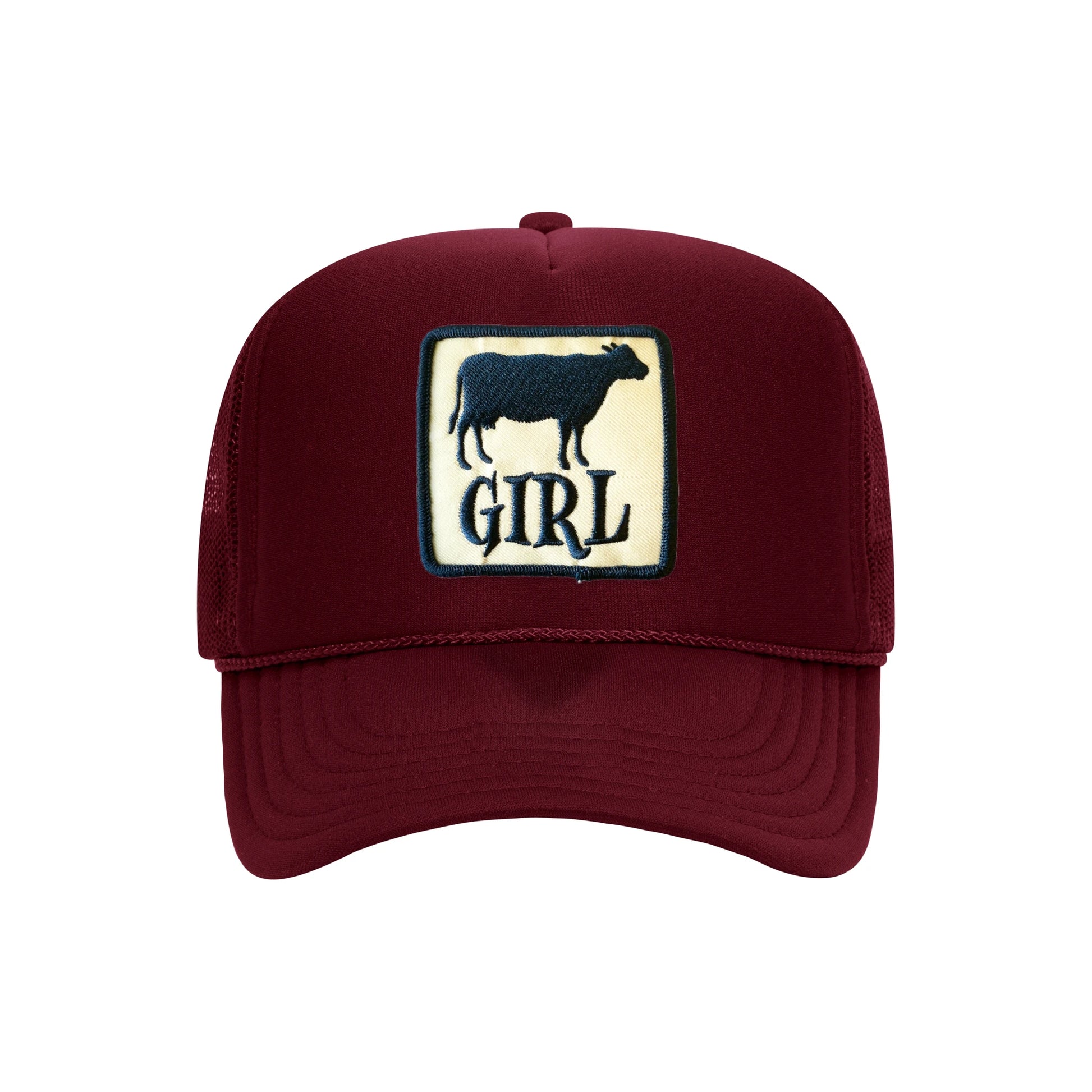 Cow Girl trucker hat in burgundy high-profile foam, front view