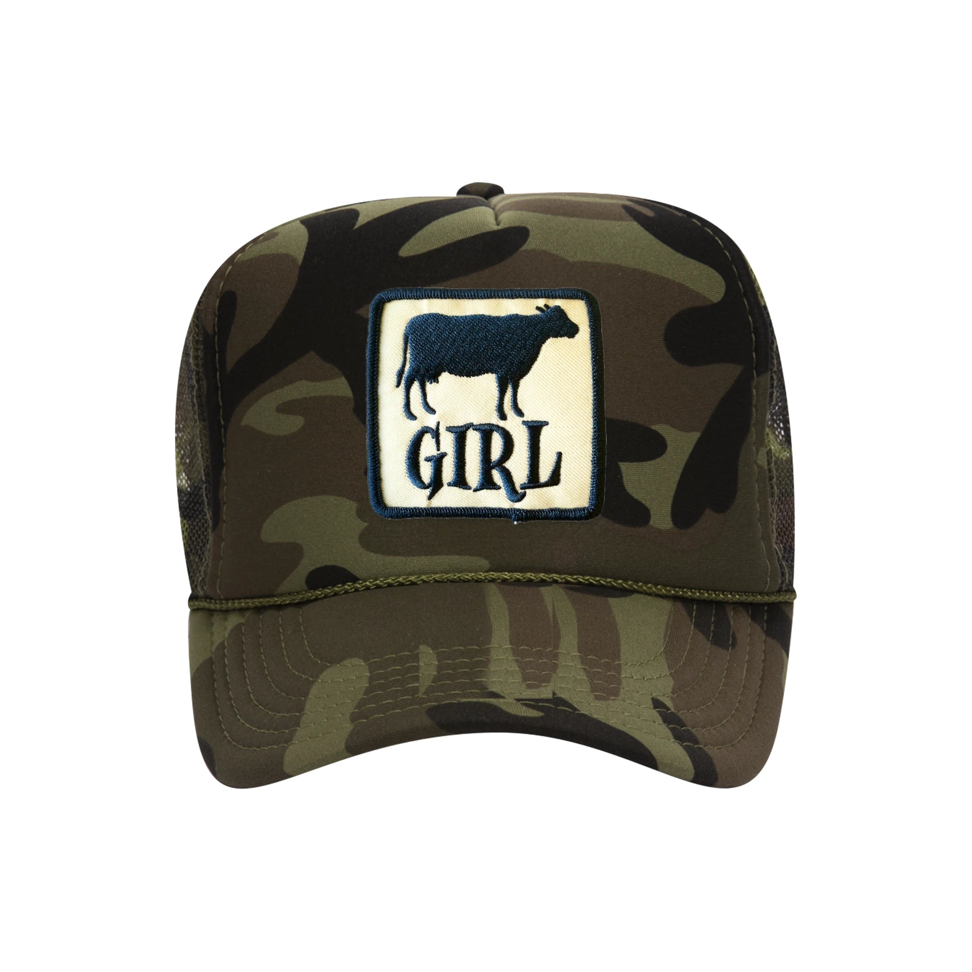 Cow Girl trucker hat in camouflage high-profile foam, front view