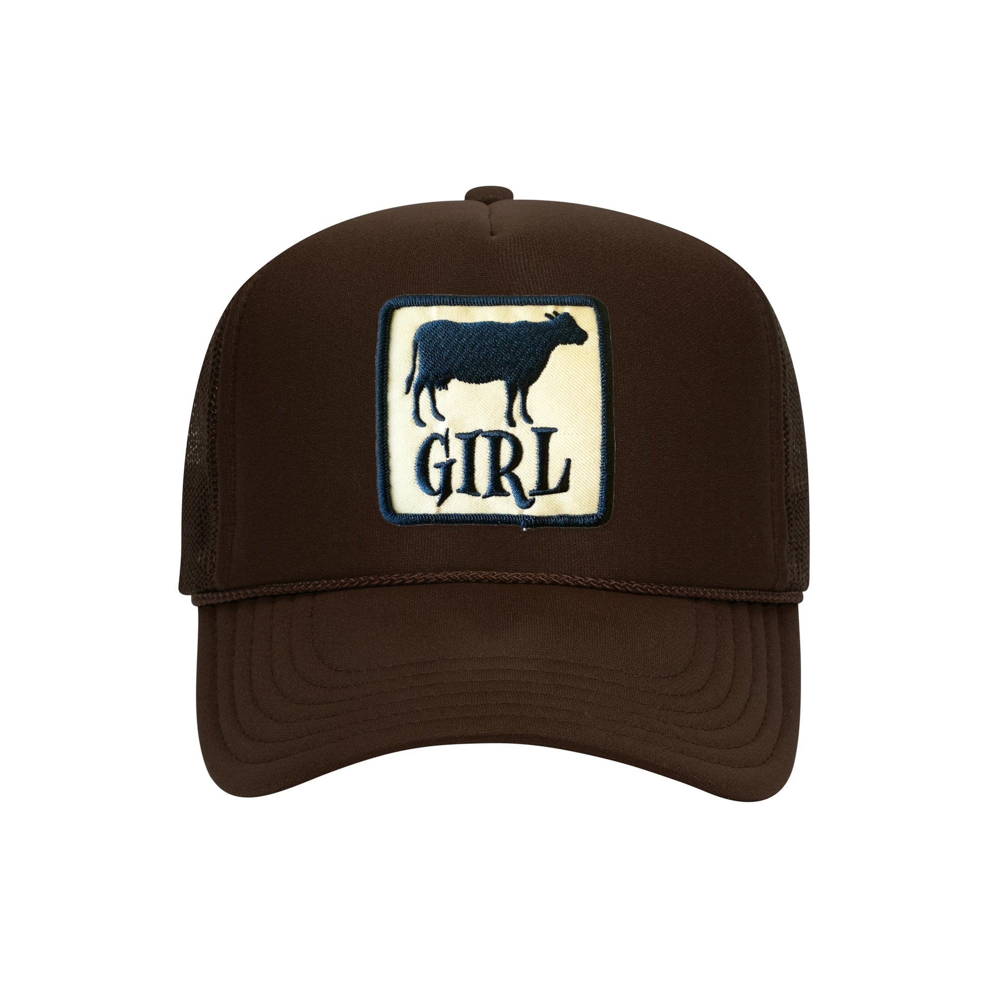 Cow Girl trucker hat in espresso brown high-profile foam, front view