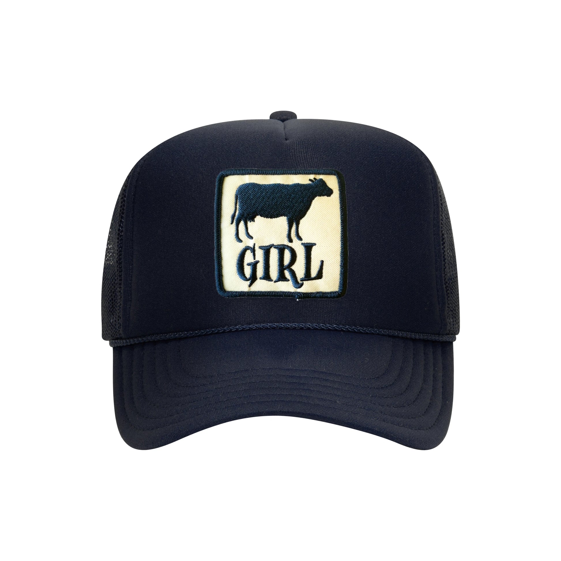Cow Girl trucker hat in navy high-profile foam, front view