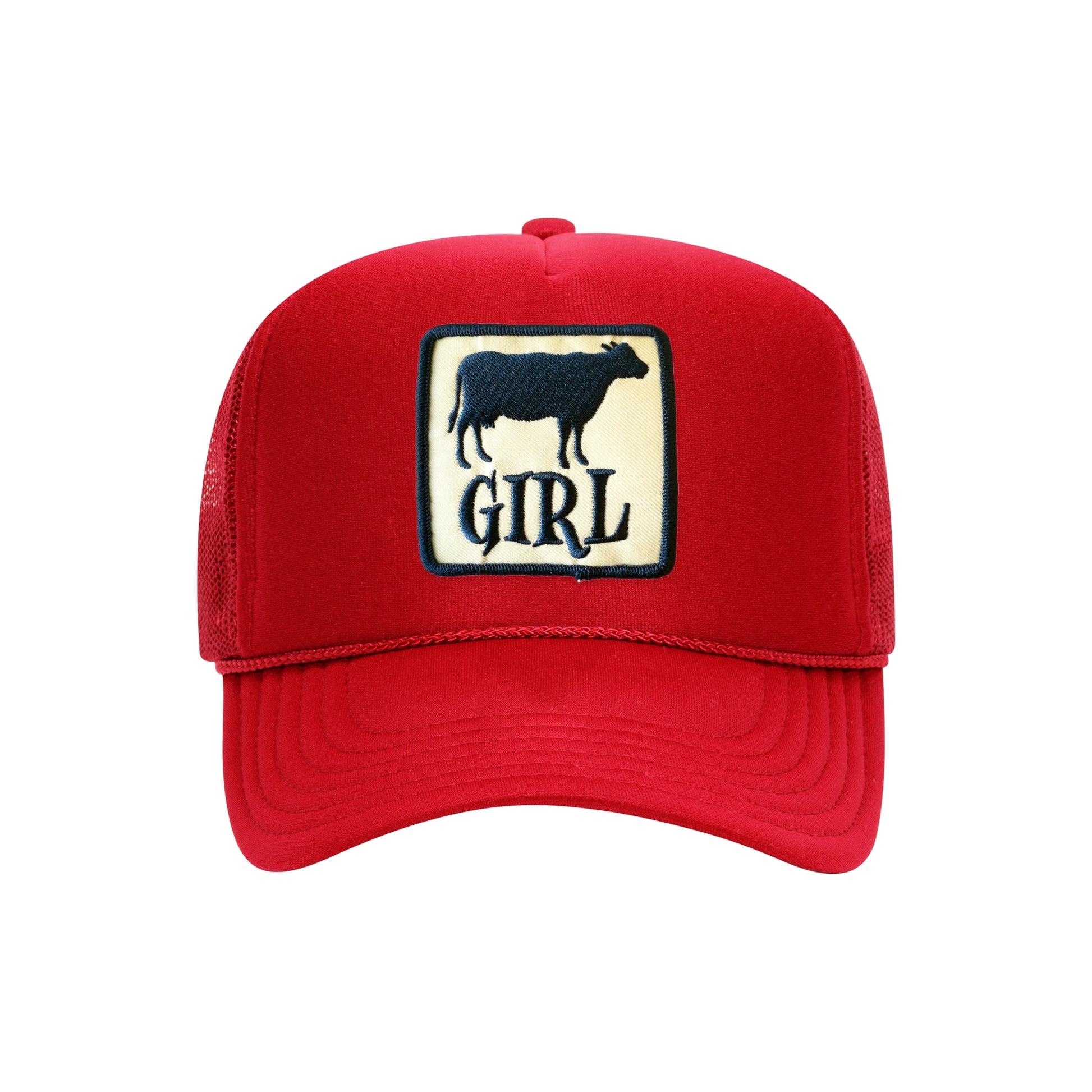 Cow Girl trucker hat in red high-profile foam, front view