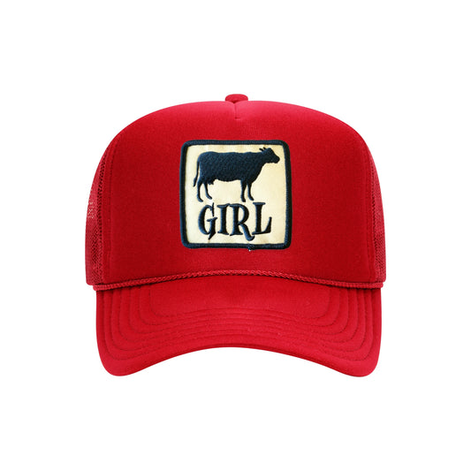 Cow Girl trucker hat in red high-profile foam, front view